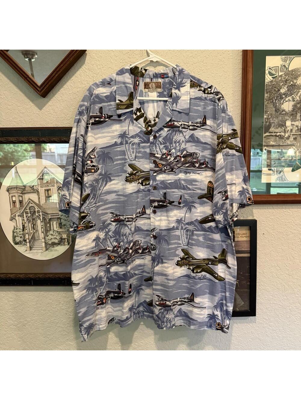Vintage 90s Kalaheo WW2 Planes Bombers Fighters Hawaiian Shirt 3XL USA Blue